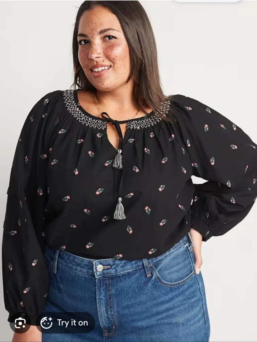 Puff-Sleeve Floral Smocked Poet Swing Blouse -XL